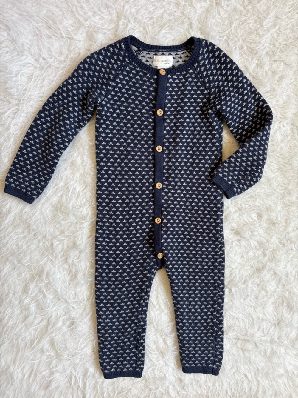 Little Planet Navy Grandpa Sweater Knit Patterned Button Down Baby Jumpsuit